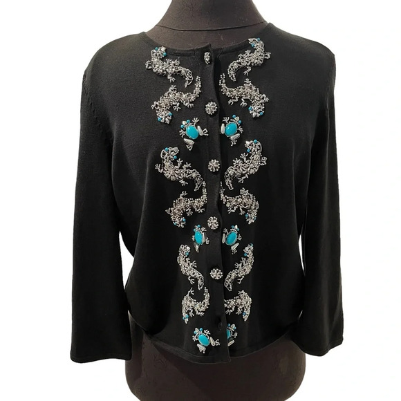 Michael Simon Silk Black Cotton Beaded Cardigan Gecko Frogs Turquoise Medium - Picture 8 of 8